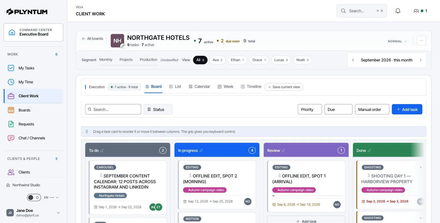 A client board in PLYNTUM: Northgate Hotels, kanban columns To do, In progress, Review and Done, each card with an owner and dates