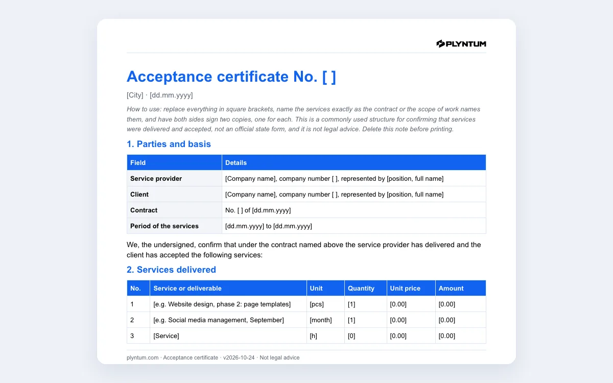 Acceptance certificate template: the file as it opens in Word