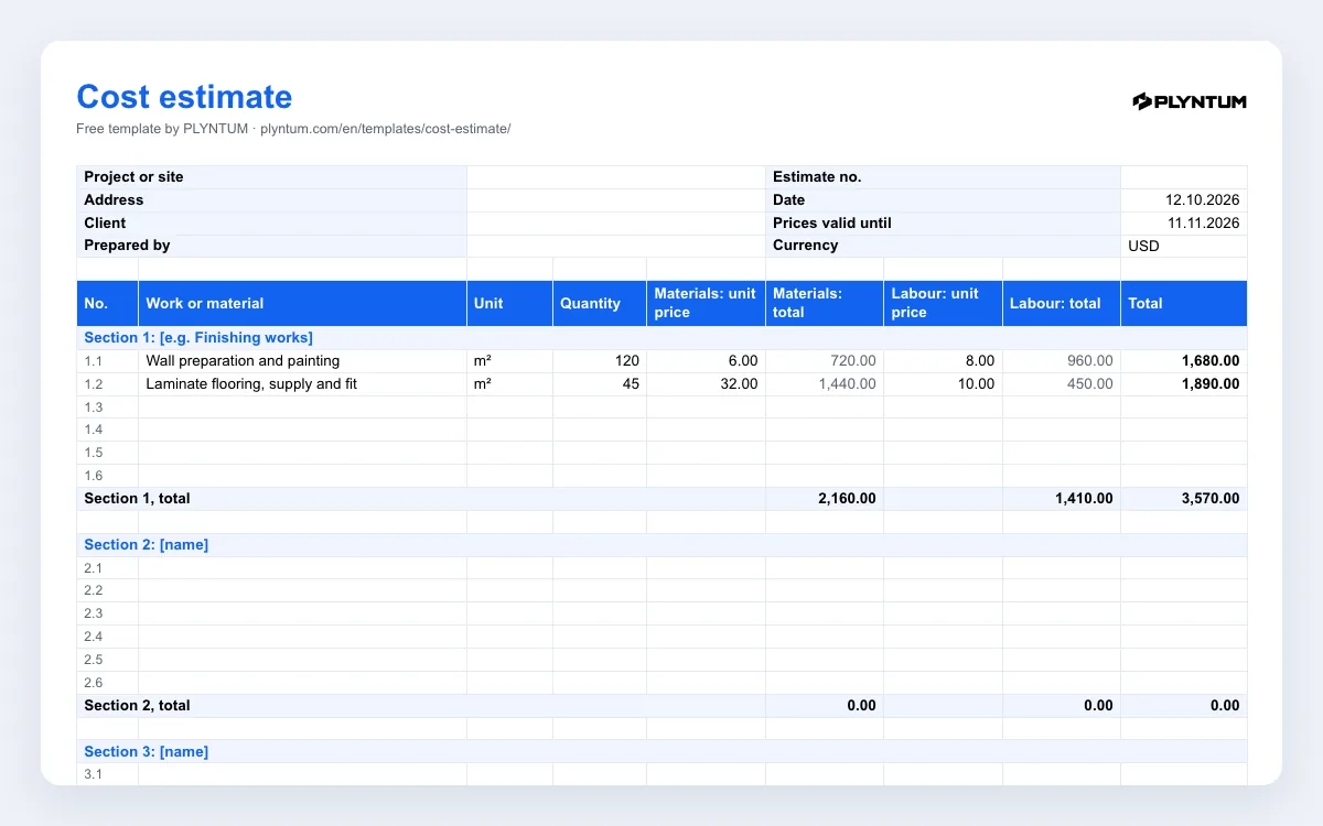 Cost estimate template: the file as it opens in Excel