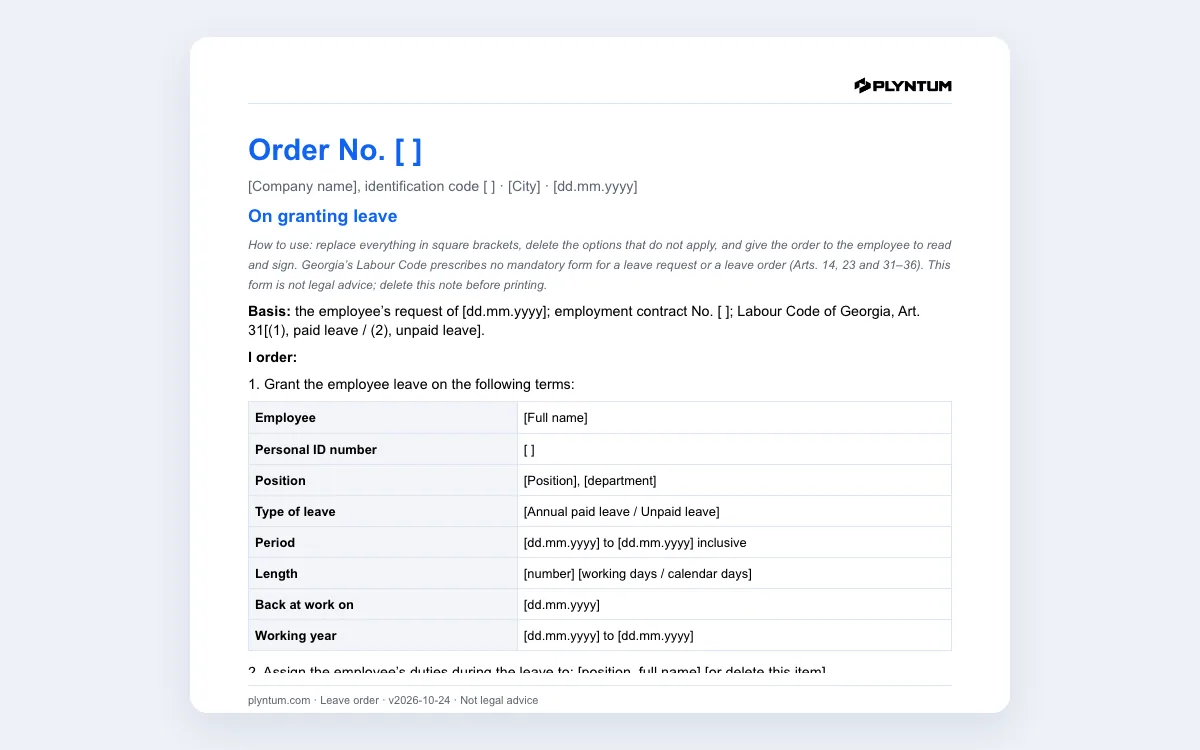 Leave order template: the file as it opens in Word