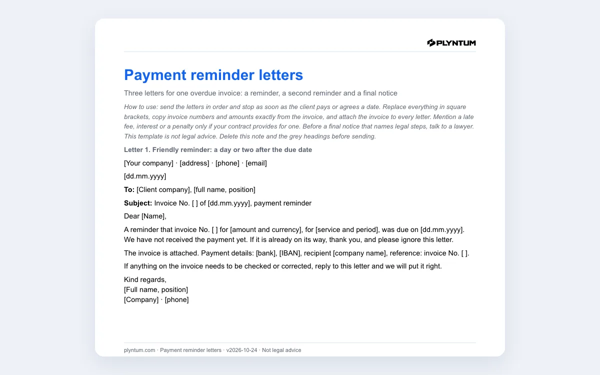 Payment reminder letters template: the file as it opens in Word