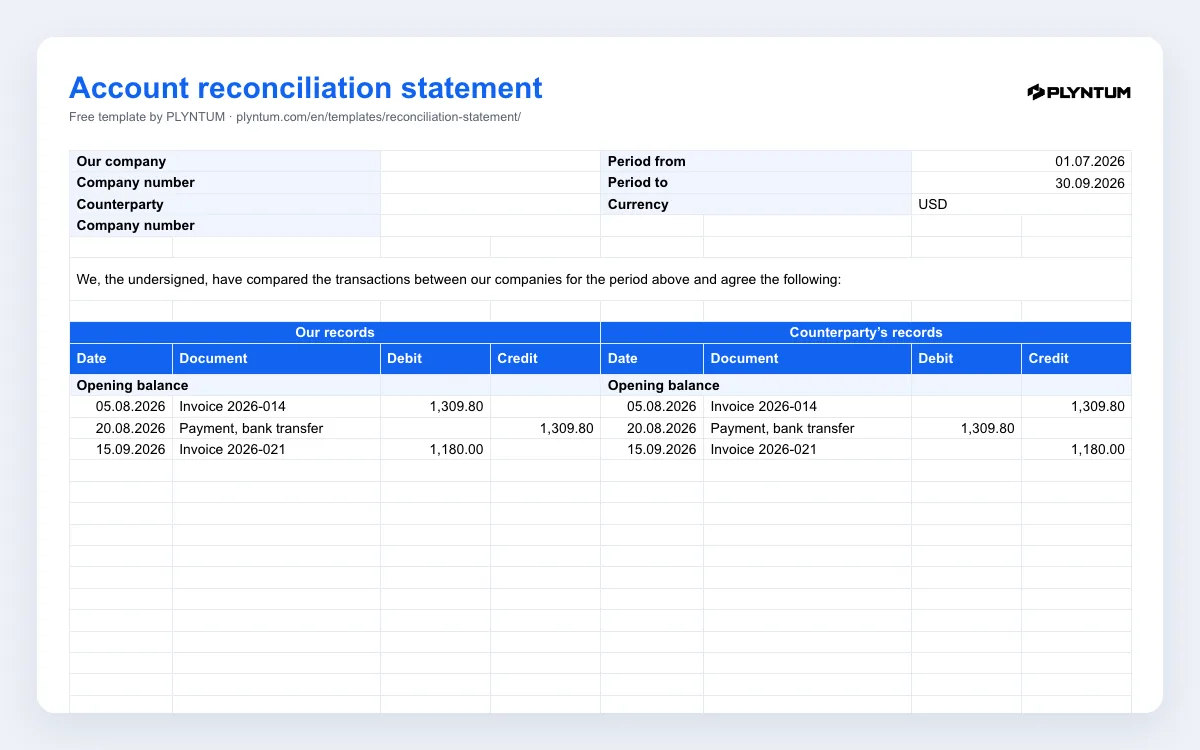 Reconciliation statement template: the file as it opens in Excel