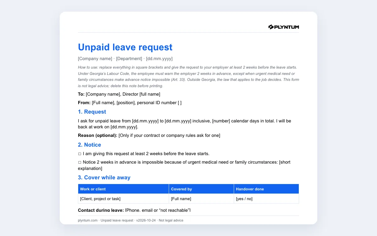 Unpaid leave request template: the file as it opens in Word